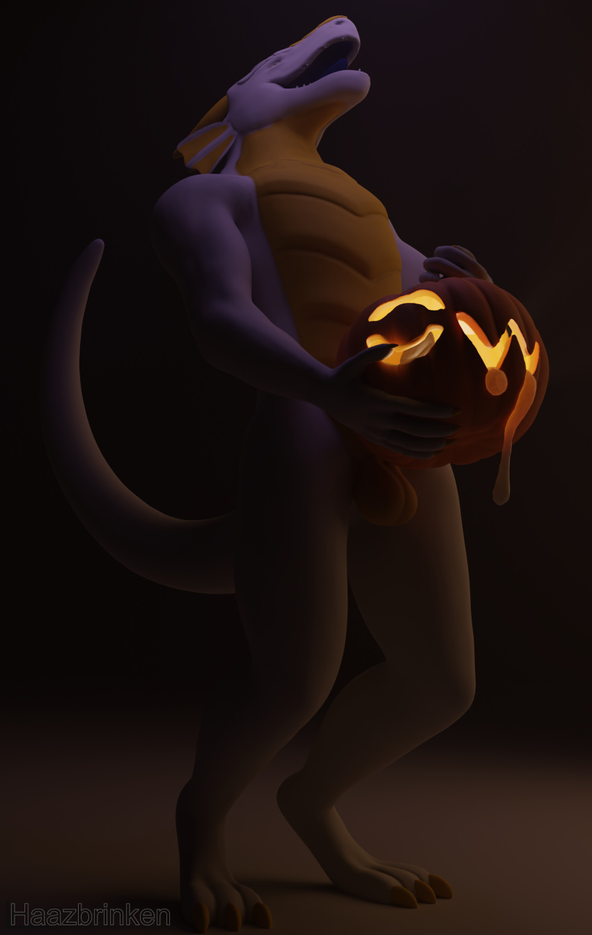 3d absurd_res anthro balls black_penis bodily_fluids charles cum dragon erection food fruit fucking_pumpkin genital_fluids genitals gold_scales grey_body grey_scales haazbrinken halloween hi_res holidays male male_only open_mouth penis plant pumpkin scales scalie simple_background solo western_dragon