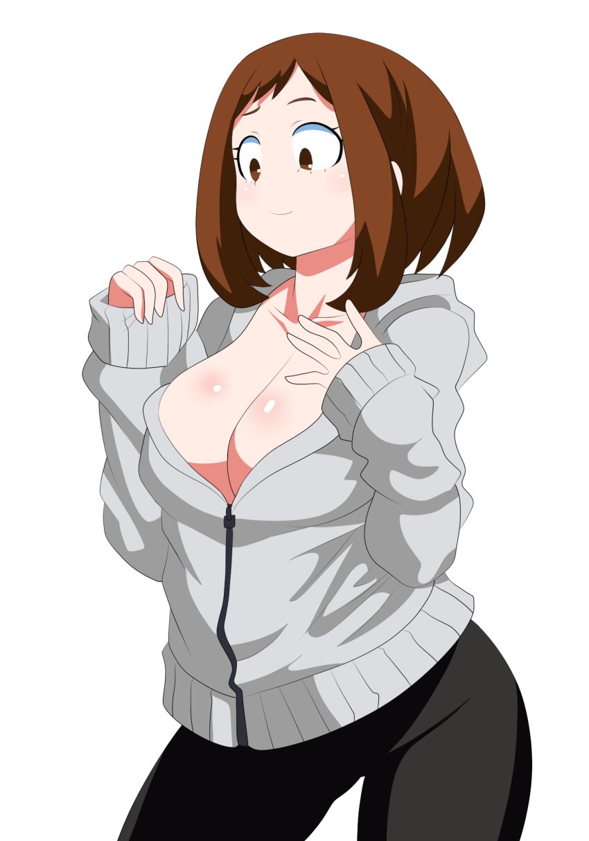 1girls big_breasts brown_eyes brown_hair chelsea_cola female large_breasts medium_hair my_hero_academia ochako_uraraka pants solo standing sweater thighs white_background