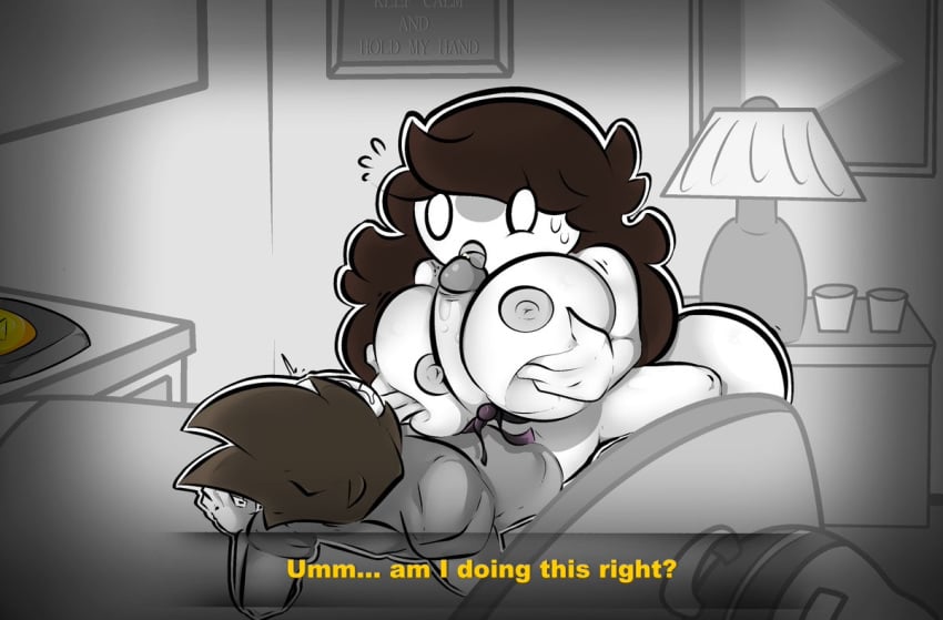 1boy 1girls age_difference alternate_breast_size areola areolae backpack bed bedroom big_breasts big_penis bodily_fluids breast_squish breasts brown_hair cup cups dialogue drooling female grey_areola height_difference indoors jaiden jaiden_animations jaidenanimations lamp large_breasts larger_female laying_on_bed licking licking_penis long_hair long_penis male nipples older_female on_bed open_mouth outercourse paizuri penis penis_lick penis_licking picket_fences_(series) precum pureboiii scarf_boy smaller_male smile smiling straight sweat sweatdrop sweating text titfuck titjob tongue white_body white_skin young younger_dom_older_sub younger_male youtube youtuber