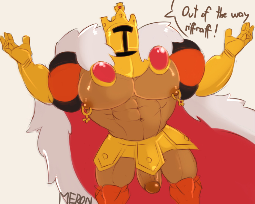 1boy abs armor bara cape dialogue english_text gauntlets helmet insult king_knight male male_only meronedgelord muscles muscular pecs penis pierced_nipples shovel_knight solo thick_penis yacht_club_games