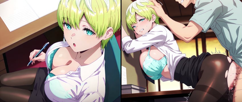 against_wall ai_generated azumascar bra_visible_through_clothes clenched_teeth huge_breasts izumo_tenka mato_seihei_no_slave neckline open_shirt pantyhose sex_from_behind standing teacher_outfit torn_clothes wakura_yuuki