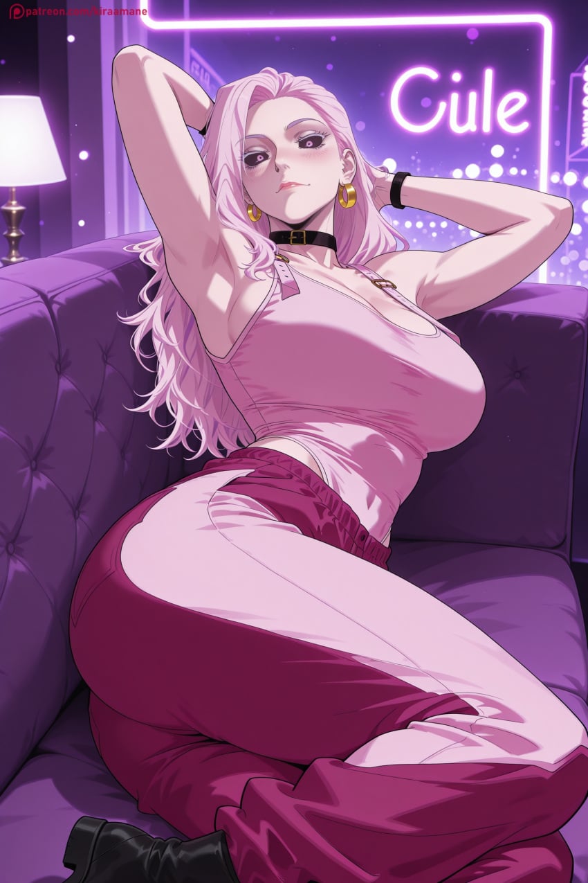 1girl ai_generated armpits arms_up bracelet breasts choker cleavage couch earrings hi_res high_quality high_resolution jewelry jujutsu_kaisen kiraamane large_breasts long_hair looking_at_viewer pants patreon pink_hair pink_pants seductive sexy sitting solo tank_top uncensored uro_takako watermark