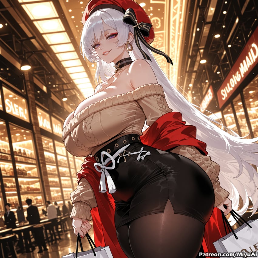 1girl ai_assisted ai_generated aran_sweater azur_lane bag bangs bare_shoulders belfast_(azur_lane) belfast_(shopping_with_the_head_maid)_(azur_lane) beret black_skirt blush breasts brown_sweater choker cleavage collarbone curvaceous curvy curvy_female curvy_figure earrings female food hat hoop_earrings huge_breasts jewelry long_hair looking_at_viewer miyuai off-shoulder_sweater off_shoulder pantyhose pencil_skirt shawl shopping_bag silver_hair skirt smile solo sweater thick thick_ass thick_butt thick_hips thick_legs thick_thighs thighs very_long_hair voluptuous voluptuous_female wide_hips wide_thighs
