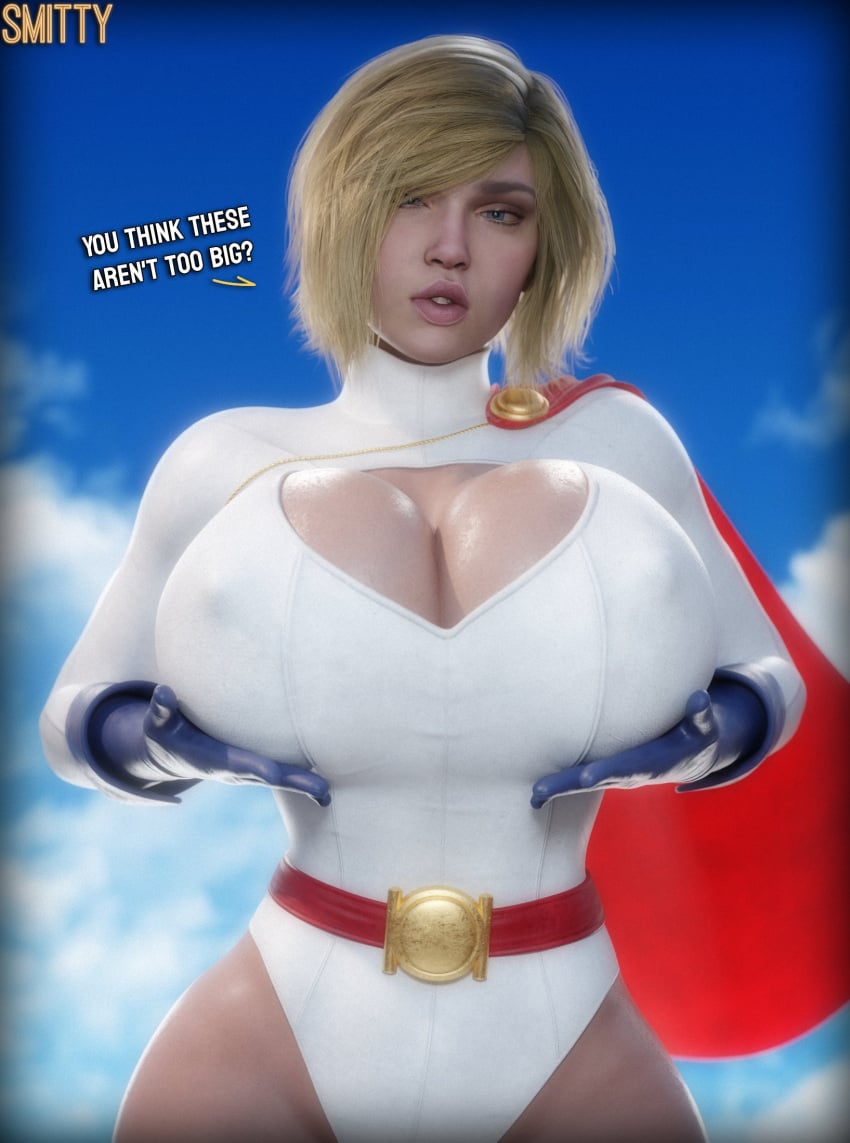 1girls 3d 3d_(artwork) abs athletic athletic_female bare_legs bare_midriff big_breasts blonde blonde_hair blue_eyes blush blushing bottomless breasts breasts_bigger_than_head cape crop_top dc dc_comics female female_only going_commando kara_zor-l karen_starr labia large_breasts light-skinned_female light_skin miniskirt muscular muscular_female navel no_panties power_girl pussy pussy_peek red_cape short_hair skirt skirt_up smitty34 solo superman_(series) sweat toned toned_female