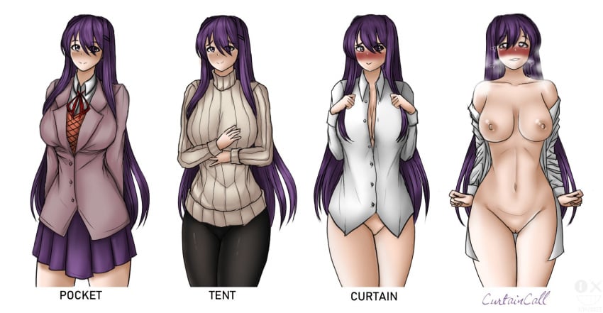 clothed clothed_female doki_doki_literature_club exposed_breasts exposed_pussy flashing flashing_breasts genkun genokuno nude nude_female yuri_(doki_doki_literature_club)