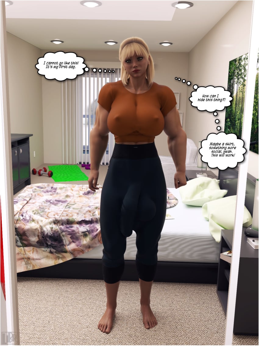 1futa 3d abs balls bed bedroom blonde_hair bulge bulge_through_clothing bulge_under_clothes casual embarrassed embarrassed_futa english_text flaccid futanari hidden_penis hiding_penis huge_breasts huge_cock librathezodiak muscular muscular_biceps muscular_futa muscular_futanari nipples_visible_through_clothing sveva_(libra) text thick_thighs wardrobe_malfunction