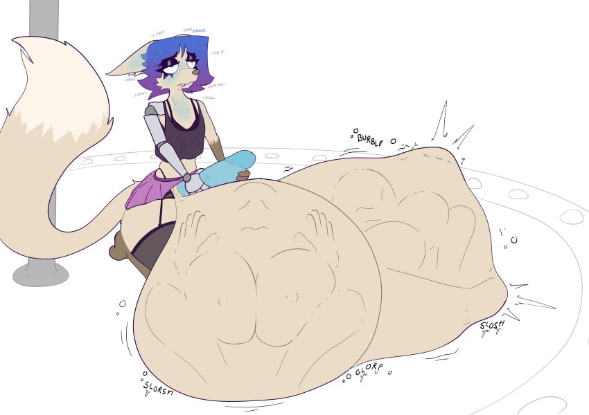 1futa 2girls animal_ears animal_humanoid anthro balls_bigger_than_head balls_bigger_than_penis big_balls big_breasts big_penis breasts clothed clothing cock_vore cybernetic_arm digestion digestion_noises dyed_hair female futanari high_heels huge_breasts hyper hyper_balls onomatopoeia penis stripper_pole struggling_prey tagme tagme_(artist) thighhighs unwilling_prey vore willing_pred