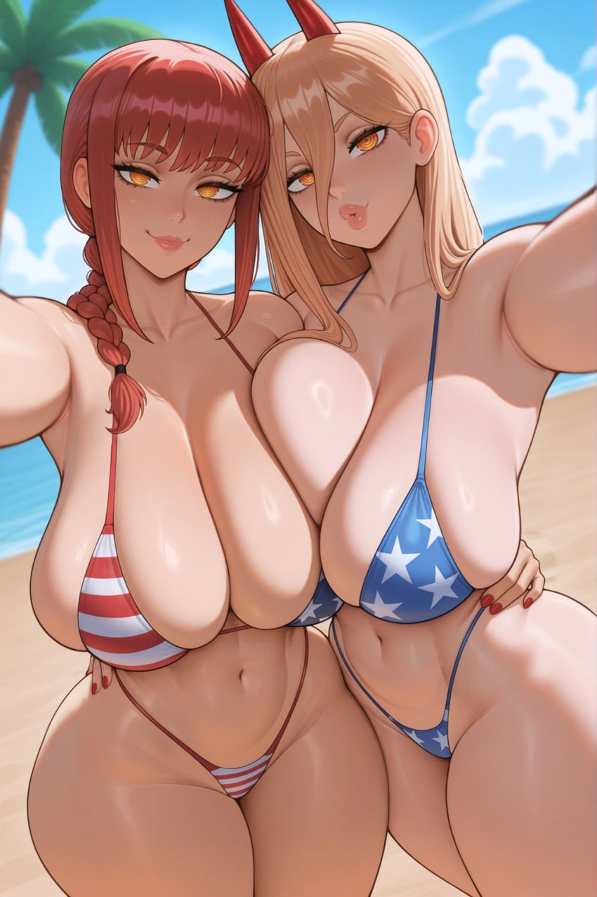 2girls ai_generated american_flag_bikini arms_around_partner arms_around_waist bangs beach beautiful big_boobs big_breasts big_tits bikini blonde_hair blush boobs bra braided_hair braided_ponytail breast_press breasts chainsaw_man curvy curvy_female curvy_figure devil_horns gigantic_breasts horn horns hot huge_breasts large_breasts legs lesbian light-skinned_female lips long_hair looking_at_viewer makima_(chainsaw_man) nail_polish ocean pink_hair ponytail pose power_(chainsaw_man) red_eyes red_hair red_nails seductive seductive_look seductive_pose selfie shiny_skin slim_waist strawberry_blonde_hair stuffyai thick thick_legs thick_lips thick_thighs thighs thong tits underwear voluptuous voluptuous_female waist wide_hips yellow_eyes yuri