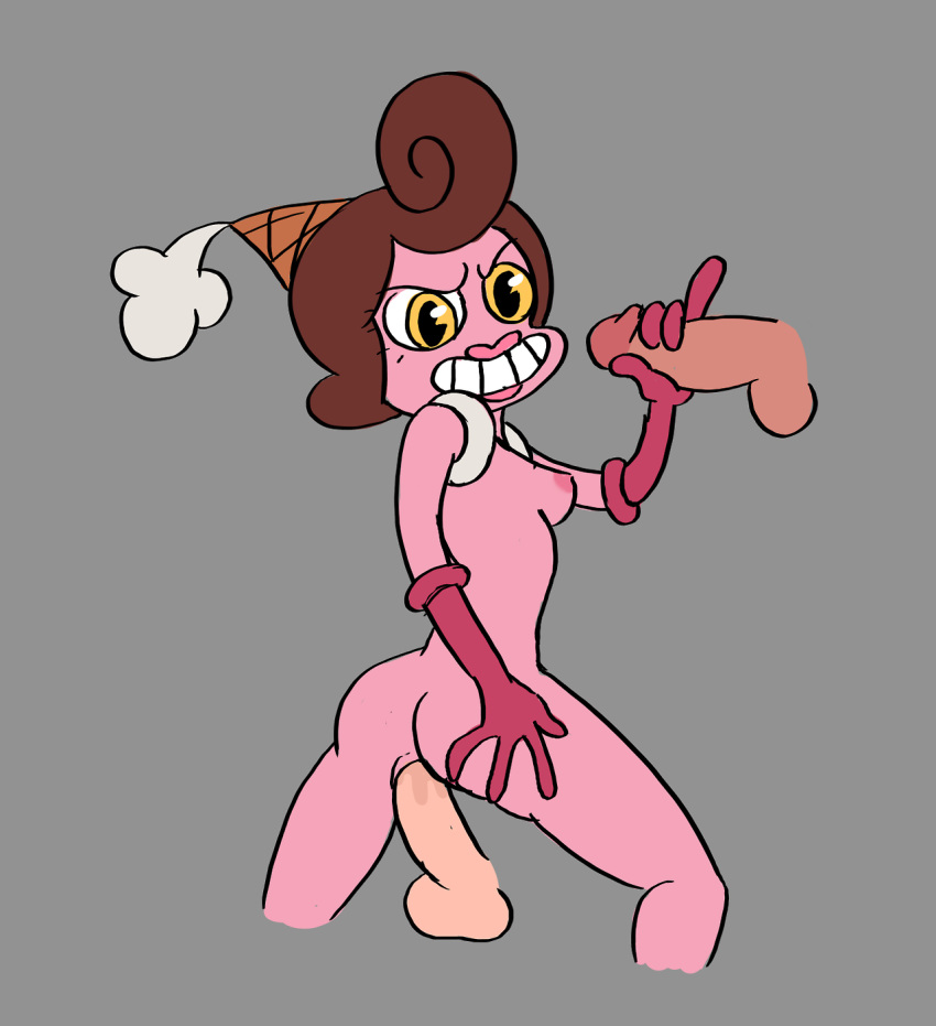 anal anus ass baroness_von_bon_bon breasts brown_hair cuphead_(game) female gloves handjob hat lewd_dewd multiple_penises nipples nude penis pink_skin yellow_eyes