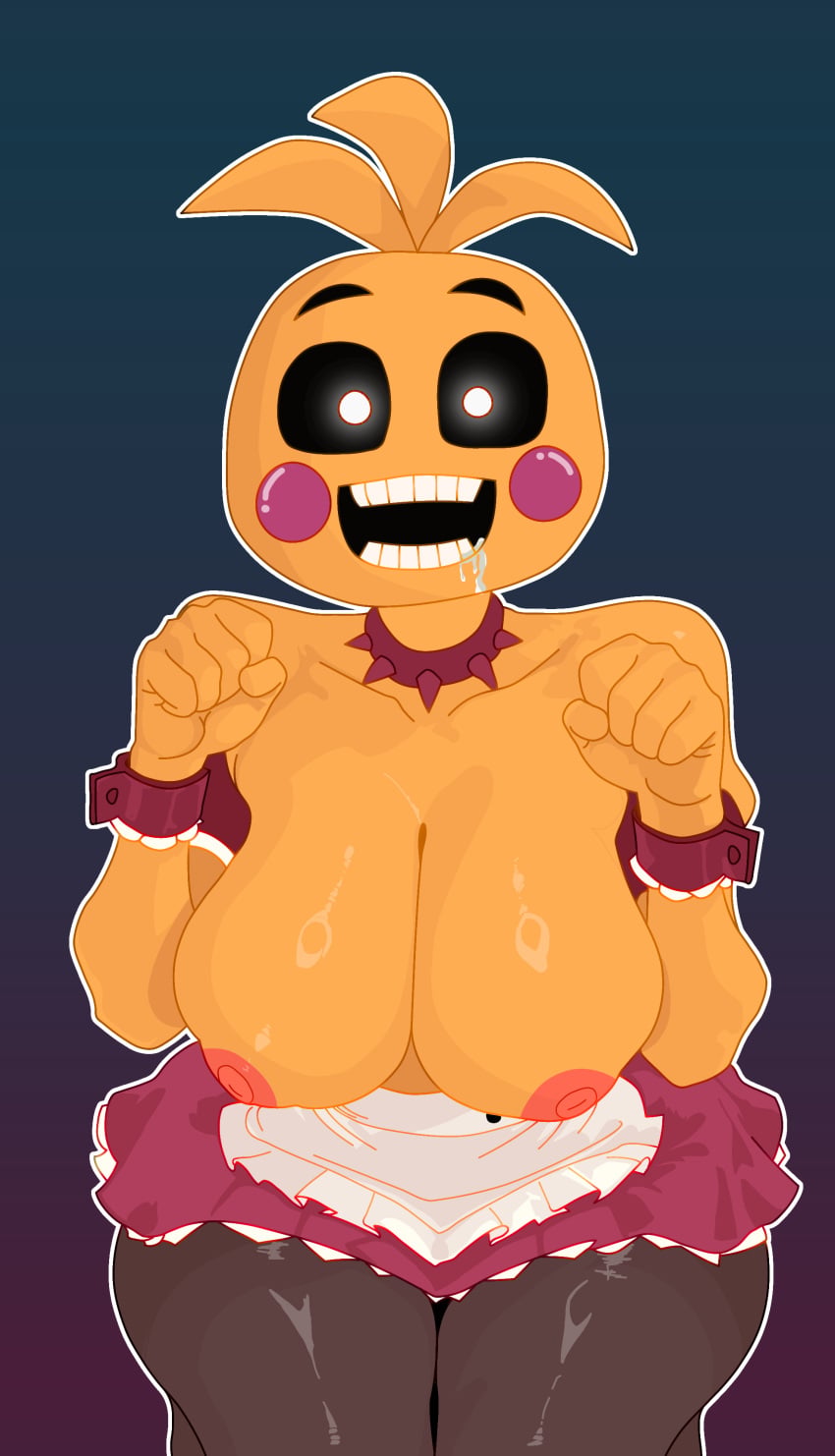 1girl 1girls ass begging begging_for_cum begging_for_sex begging_pose big_ass big_breasts black_eyes blue_background bracelet breasts bright_pupils cartoony cheeks collar colored colored_lineart cum cum_in_mouth dress dress_shirt female female_only five_nights_at_freddy's five_nights_at_freddy's_2 hands_up huge_breasts kneeling kneeling_oral_position maid maid_uniform nipples nugade open_mouth pantyhose paw_pose pink_cheeks pink_dress purple_fur robot robot_girl robot_humanoid scottgames short_dress skirt slave slave_collar socks solo solo_female solo_focus spiked_collar spikes thighhighs thighs toy_chica_(fnaf) uncensored white_eyes yellow_skin