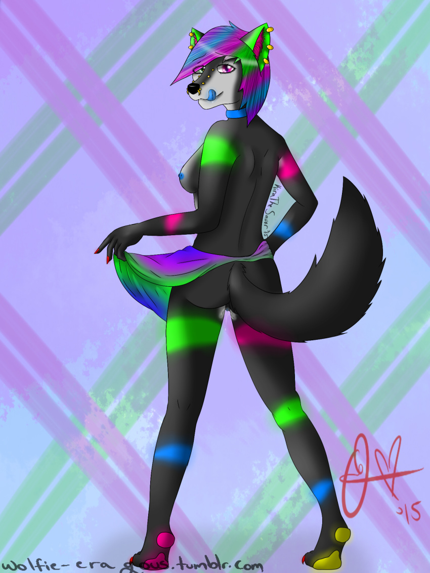 2015 anthro blue_hair blue_nipples blue_tongue canine collar fan_character female fluffy fur green_eyes hair juices kirathesavor mammal neon_markings nipples piercing pin-up_girl pink_eyes pussy red_nails skinny wolf wolfie_nazuna