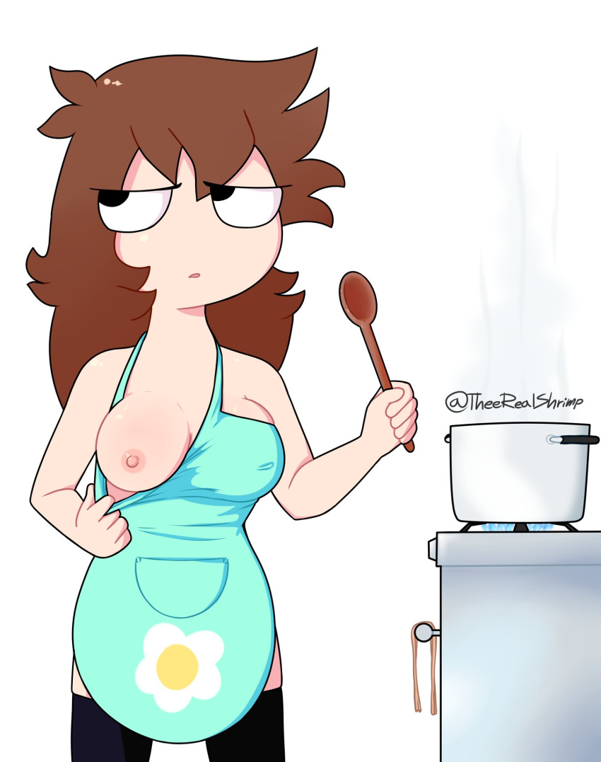 1girls breast breasts brown_hair casual clothing cooking female female_focus female_only human medium_breasts naked_apron one_breast_out outerwear pale_skin pot shgurr simple_background solo solo_female spoon stockings theeshrimp wooden_spoon youtube youtuber