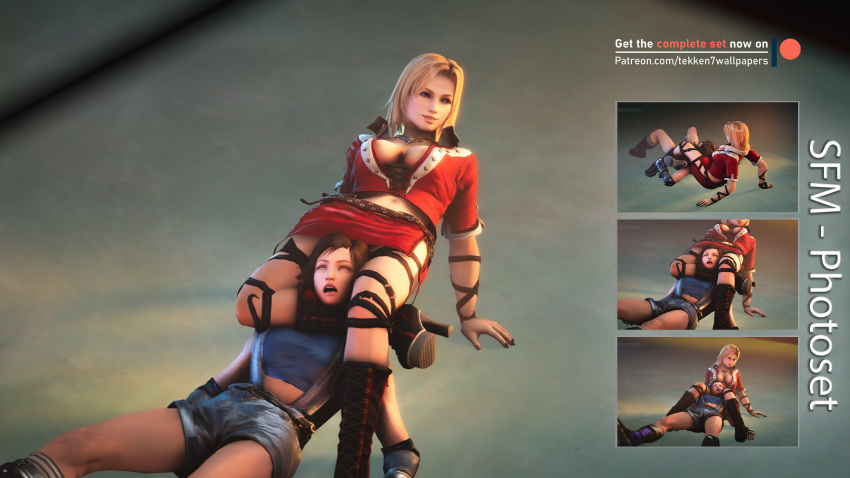 2girls 3d absurdres asphyxiation blonde_hair blush blushing boots brown_hair choke_hold chokehold choker cleavage crop_top crossover dead_or_alive dead_or_alive_5 femdom figure_four_headlock headscissor headscissors heel_boots heels helpless highres kazama_asuka lace-up_boots laced_boots laying_back laying_down laying_on_back leather leather_straps leglock legs_apart legs_around_head limp limp_arms midriff on_back passed_out pinned pinned_down red_face shorts spasming spasms strangling straps tekken tekken7wallpapers tekken_7 thighs tina_armstrong unconscious wrestling wrestling_ring