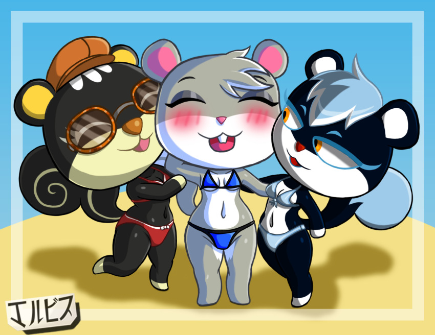 2020 agent_s_(animal_crossing) animal_crossing anthro beach bikini black_fur blaire_(animal_crossing) cleavage fanart furry jackintaro nintendo squirrel tasha_(animal_crossing) white_hair