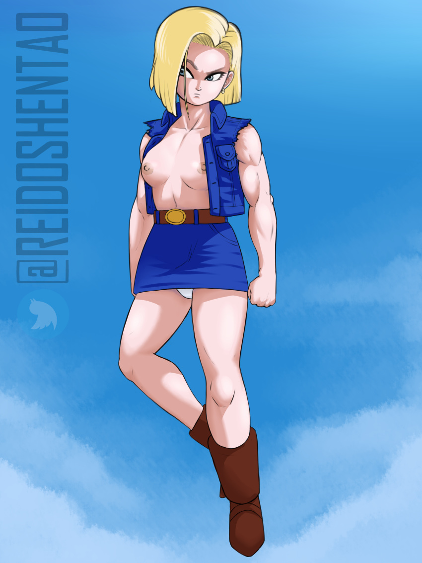 1girls android_18 biceps blonde_hair boots breasts buff dragon_ball dragon_ball_z female flying jacket muscular_female panties reidoshentao skirt solo solo_female tagme topless