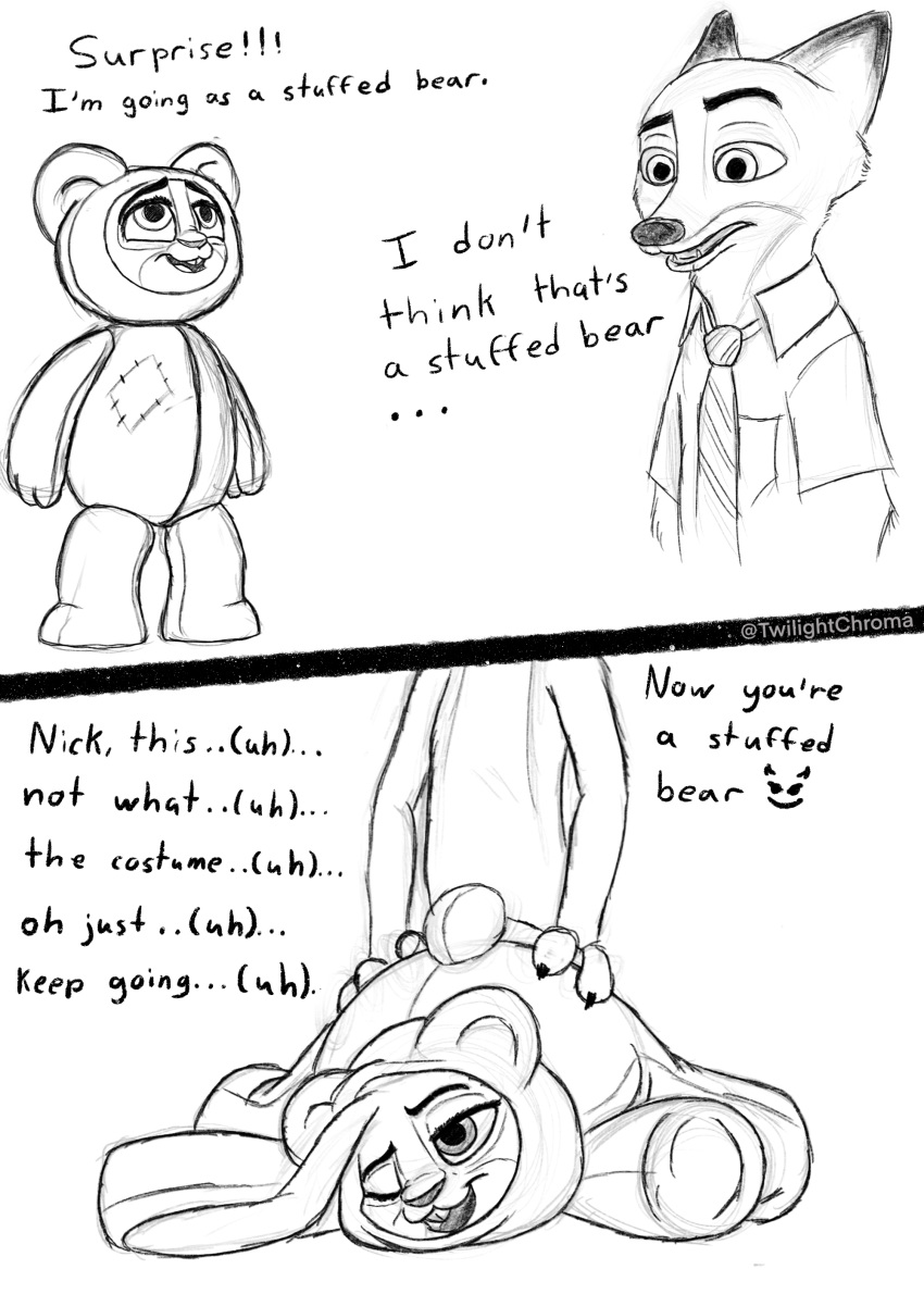 absurd_res anthro canid canine clothed_sex clothing comic costume disney duo english_text female female_penetrated fox fur grey_body halloween hi_res holidays judy_hopps lagomorph leporid male male_penetrating male_penetrating_female mammal nick_wilde open_mouth penetration plushie rabbit sex simple_background smile straight text twilightchroma ursid zootopia