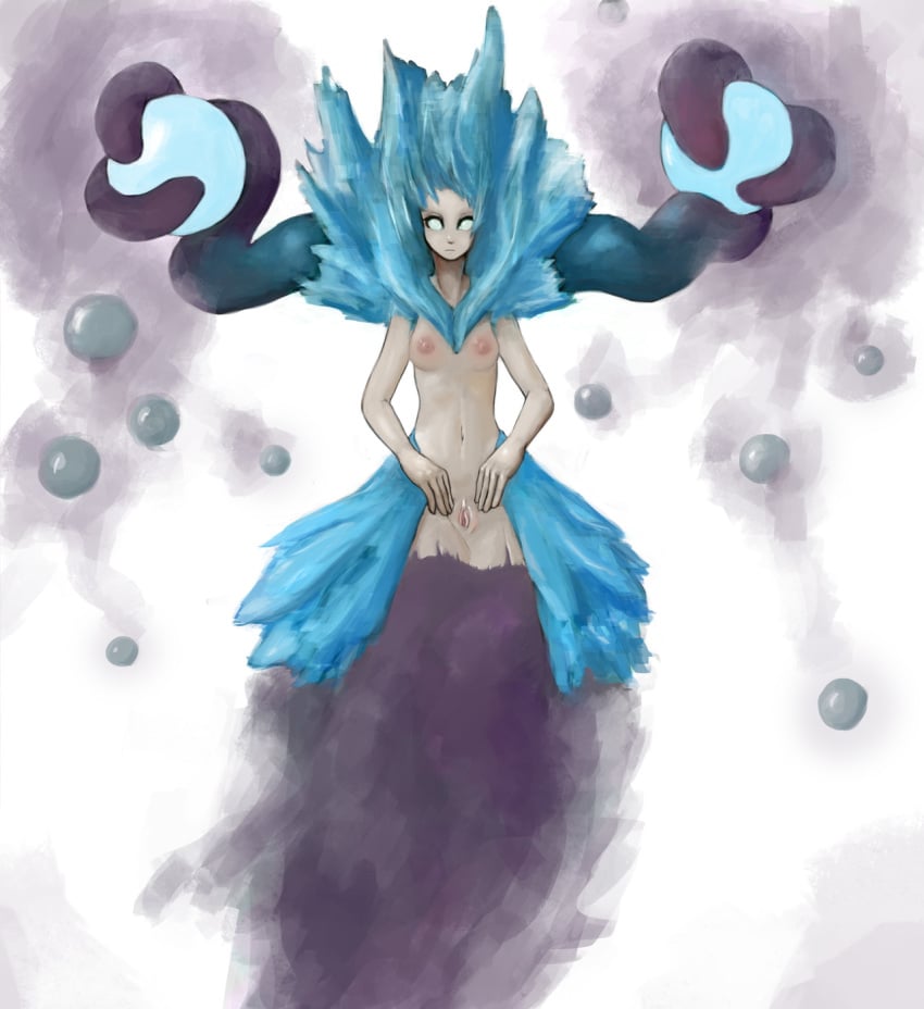 anthro blue_hair breasts elemental_creature elemental_humanoid female genitals hair hi_res humanoid ice ice_creature ice_hair ice_humanoid legless looking_at_viewer mineral_fauna mineral_humanoid navel nipples nude presenting presenting_pussy pussy small_breasts solo spread_pussy spreading syvaron white_eyes