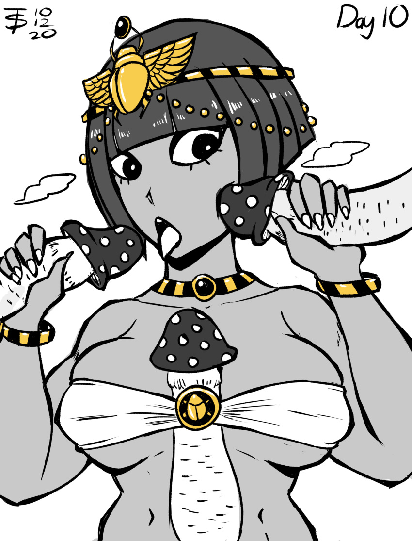 1girls black_eyes black_hair bob_cut bracelet choker dark_skin egyptian egyptian_clothes gold handjob heavy_breathing hetemit_(tomboy_sama) jewelry large_breasts large_eyes licking mushroom oc original original_character paizuri paizuri_under_clothes sexually_suggestive tiara tomboy_sama