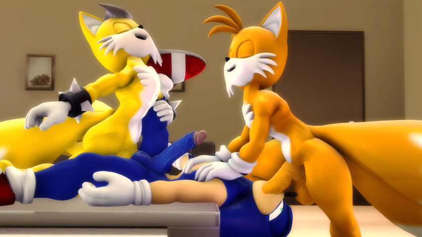 16:9 3d absurd_res anal anthro balls canid canine clothing digital_media_(artwork) footwear fox genitals group group_sex handwear hi_res male male/male mammal miles_(anti-tails) mostly_nude oral penis raised_leg sex sonic_(series) sonic_the_hedgehog sonicfoxhound source_filmmaker spitroast tails widescreen