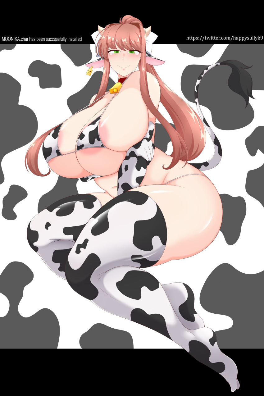 1girls areolae big_breasts blush brown_hair cow_bikini cow_ears cow_horns cow_print curvy_figure doki_doki_literature_club eye_contact green_eyes happysullyk9 huge_breasts large_breasts long_hair looking_at_viewer micro_bikini monika_(doki_doki_literature_club) moonika ponytail thick_thighs thighhighs thighs thong very_long_hair voluptuous