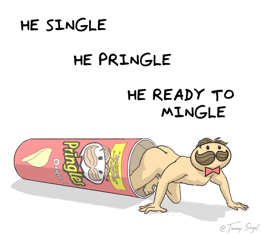 1boy ass bowtie brown_hair chest chips_(food) crawling dot_eyes english_text julius_pringles male male_only meme moustache nude on_knees pringles tan_skin text thighs tommy_siegel