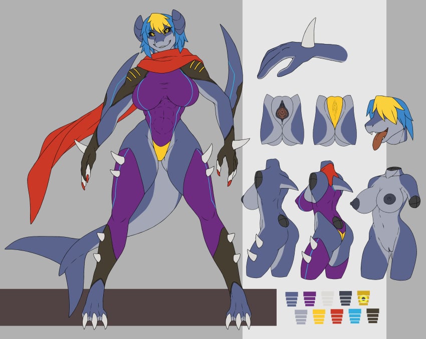 absurd_res anthro ass blonde_hair blue_body blue_hair breasts claws clothed clothing cybernetics cyborg fangs female garchomp genitals hair hi_res link2004 machine model_sheet multicolored_body multicolored_hair nintendo nipples open_mouth open_smile partially_clothed pokémon_(species) pokemon pokemon_(species) pussy simple_background smile solo spikes tongue tongue_out two_tone_body two_tone_hair video_games yellow_eyes