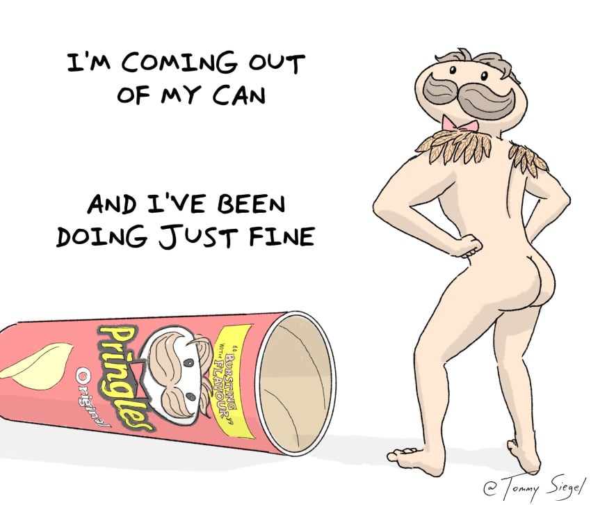 ass bowtie brown_hair chips_(food) dot_eyes english_text hands_on_waist julius_pringles looking_back male male_only mascot moustache nude pringles slim standing tan_skin text thighs tommy_siegel