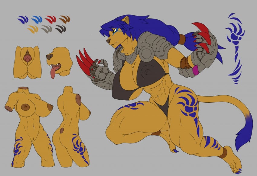 anthro armor ass blade_arm blue_hair breasts claws clothed clothing fangs felid female fluffy fluffy_tail fur genitals hair link2004 lion mammal model_sheet muscular muscular_anthro muscular_female nipple_outline nipples open_mouth pantherine partially_clothed pussy solo tongue tongue_out yellow_body yellow_eyes yellow_fur