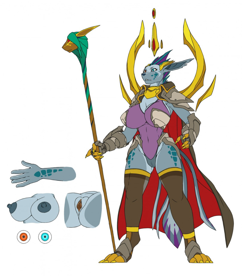 anthro armor ass blue_body blue_eyes blue_fur breasts cape claws clothed clothing domestic_cat felid feline felis female fur genitals heterochromia hi_res holding_object link2004 magic_user mammal model_sheet nipples open_mouth partially_clothed pussy red_eyes simple_background solo teeth white_background