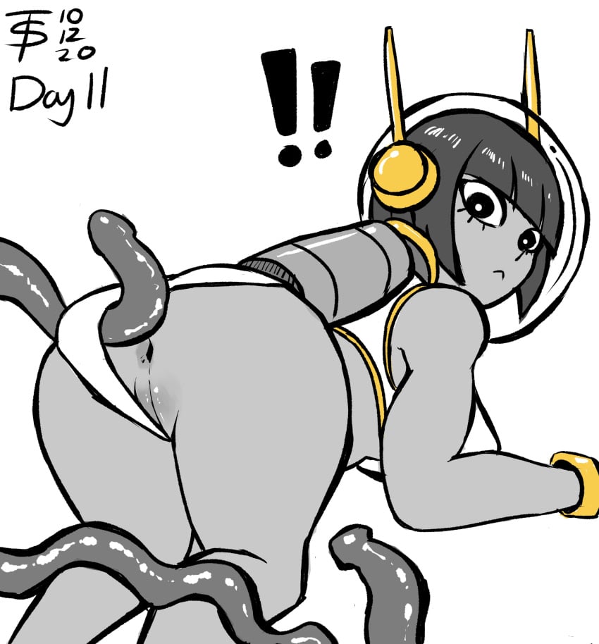 1girls black_eyes black_hair clothing_aside dark_skin egyptian egyptian_clothes exposed_ass exposed_pussy hetemit_(tomboy_sama) imminent_sex large_breasts large_eyes looking_back oc original original_character space_helmet surprised tentacle thick_thighs tomboy_sama