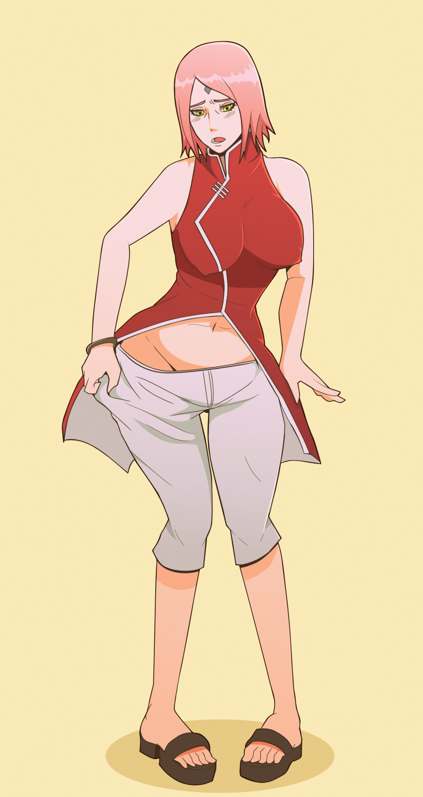 1female 1girls 1woman alternate_breast_size big_breasts blush boruto:_naruto_next_generations breasts diamond_marking dress erect_nipples erect_nipples_under_clothes facial_mark feet female female_only forehead_mark green_eyes haruno_sakura holding_clothing indrockz indy_riquez midriff naruto naruto_(series) no_bra no_bra_under_clothes no_panties open_toe_shoes pale-skinned_female pale_skin pants pink_hair pink_hair_female sakura_haruno sandals skimpy sole_female solo toes