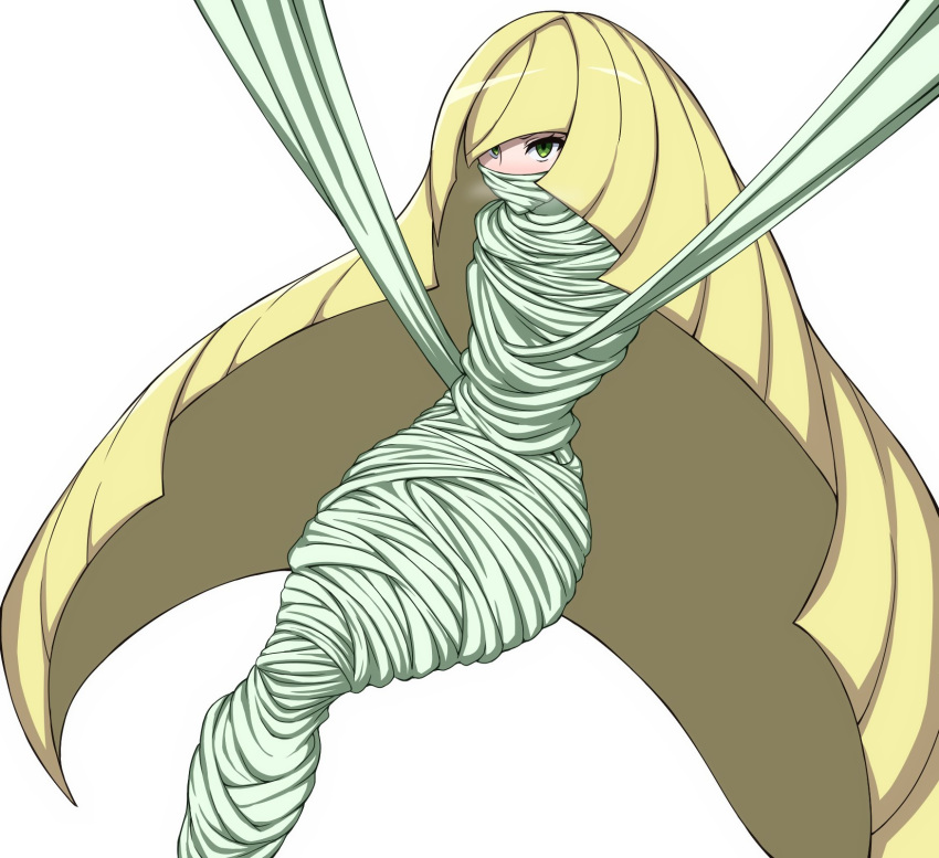 1girls blonde_hair bondage bound cocoon cocooned gag gagged green_eyes hair_over_one_eye looking_at_viewer lusamine_(pokemon) mouth_gag okra_sticky pokemon pokemon_sm restrained simple_background solo spider_web sticky suspension trapped very_long_hair web_gag white_background