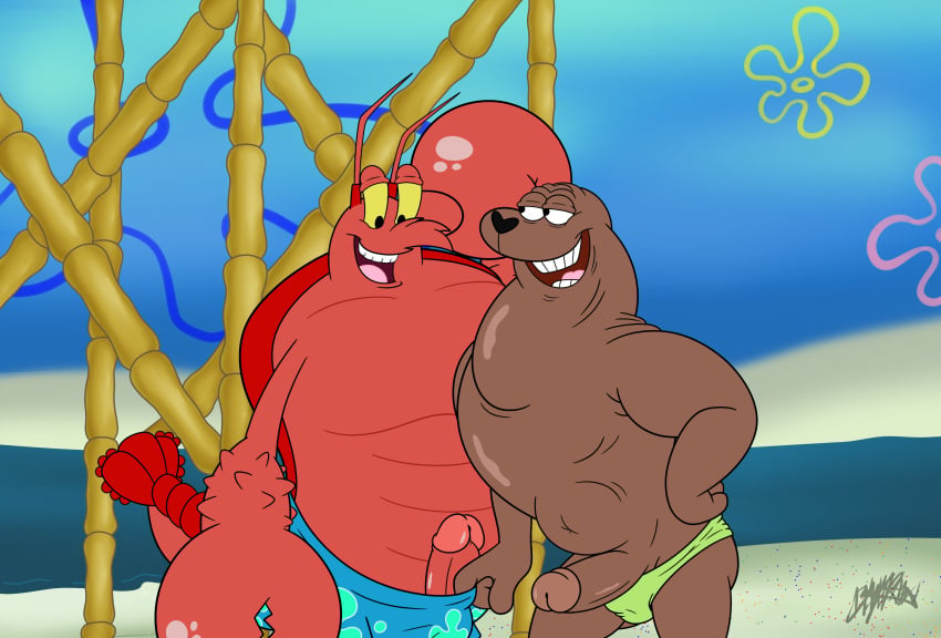 2020 anthro arthropod beach benjipaws clothed clothing craig_mammalton crustacean decapoda duo erection genitals hi_res larry_the_lobster lobster malacostracan male male/male mammal marine muscular muscular_male nickelodeon outside pants_pull partially_clothed penis pinniped sand sea seal seaside smooth_skin spongebob_squarepants water