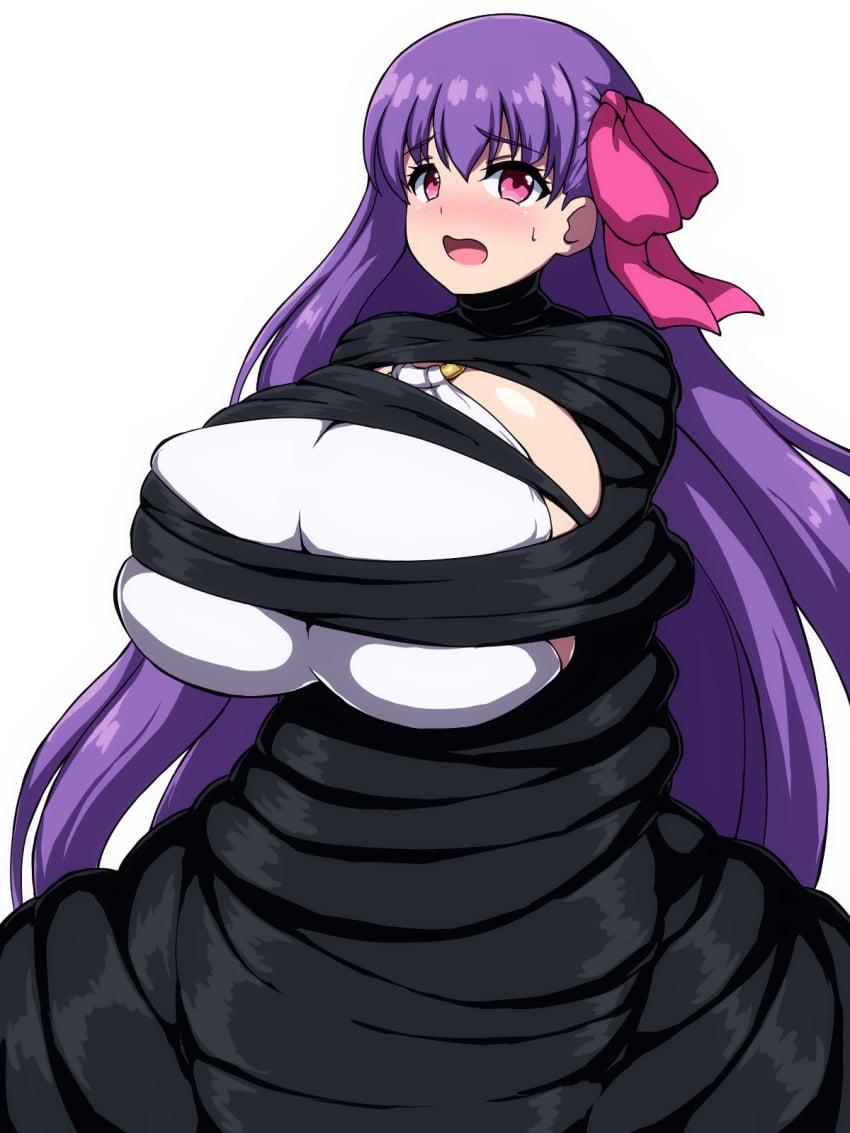 1girls bangs big_breasts black_slime eyebrows_visible_through_hair fate/extra fate/extra_ccc fate/grand_order fate_(series) fully_clothed hair_ribbon huge_breasts long_hair looking_at_viewer okra_sticky open_mouth passion_lip pink_eyes pink_ribbon purple_hair restrained simple_background slime slime_bondage solo sweatdrop tentacle tentacle_around_neck very_long_hair white_background worried