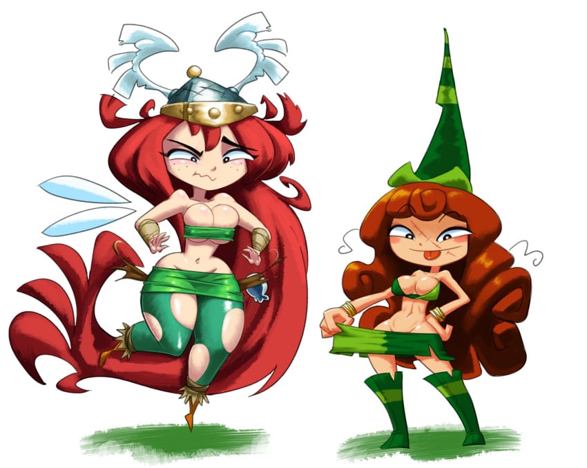 2girls barbara_(rayman) betilla_(rayman) breasts clothing female female_only footwear headgear headwear helmet huge_breasts human long_hair minus8 nipple_bulge nymph_(rayman) outerwear outfit_swap pale_skin rayman_(series) rayman_legends rayman_origins red_hair