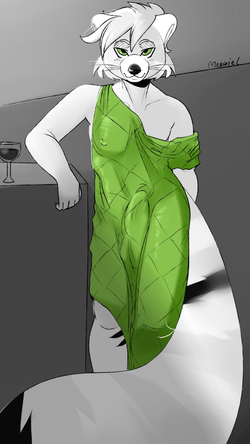 9:16 ailurid alcohol anthro balls beverage bulge clothed clothing crossdressing dress erection flirting genitals green_eyes greyscale hair hi_res kinktober kinktober_2020 long_tail looking_at_viewer male male_only mammal material meryiel monochrome penis_under_clothes pinup pose red_panda short_hair sketch solo standing wine wine_glass