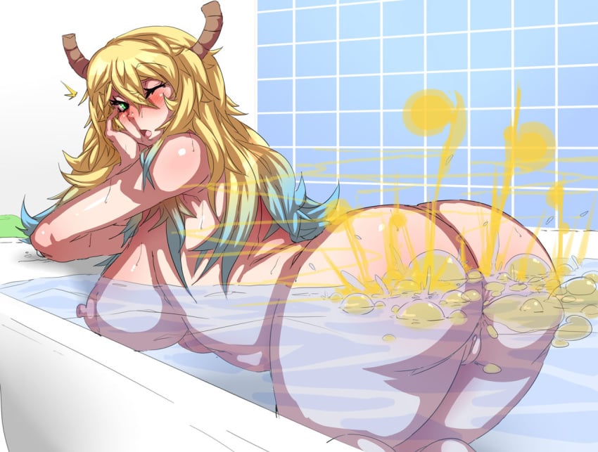 bath bathing big_ass big_breasts blonde_hair bubbles dragon_girl fart fart_cloud fart_fetish farting farting_underwater gradient_hair lazei miss_kobayashi's_dragon_maid monster_girl quetzalcoatl_(dragon_maid) simple_background