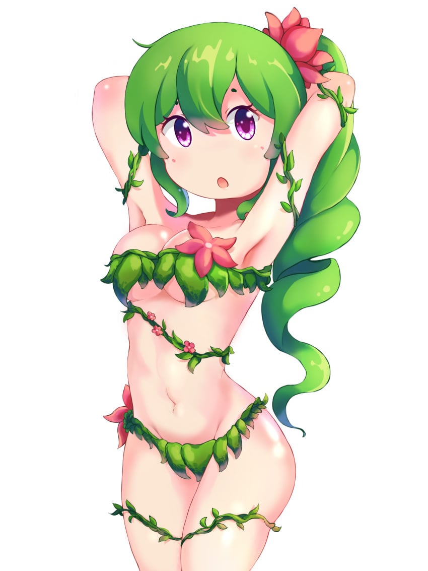 armpits arms_up clueless cute dryad dryad_(terraria) female flower games green_hair hair kalia3see leaf leaf_bikini magenta_eyes monster_girl purple_eyes solo terraria video_games