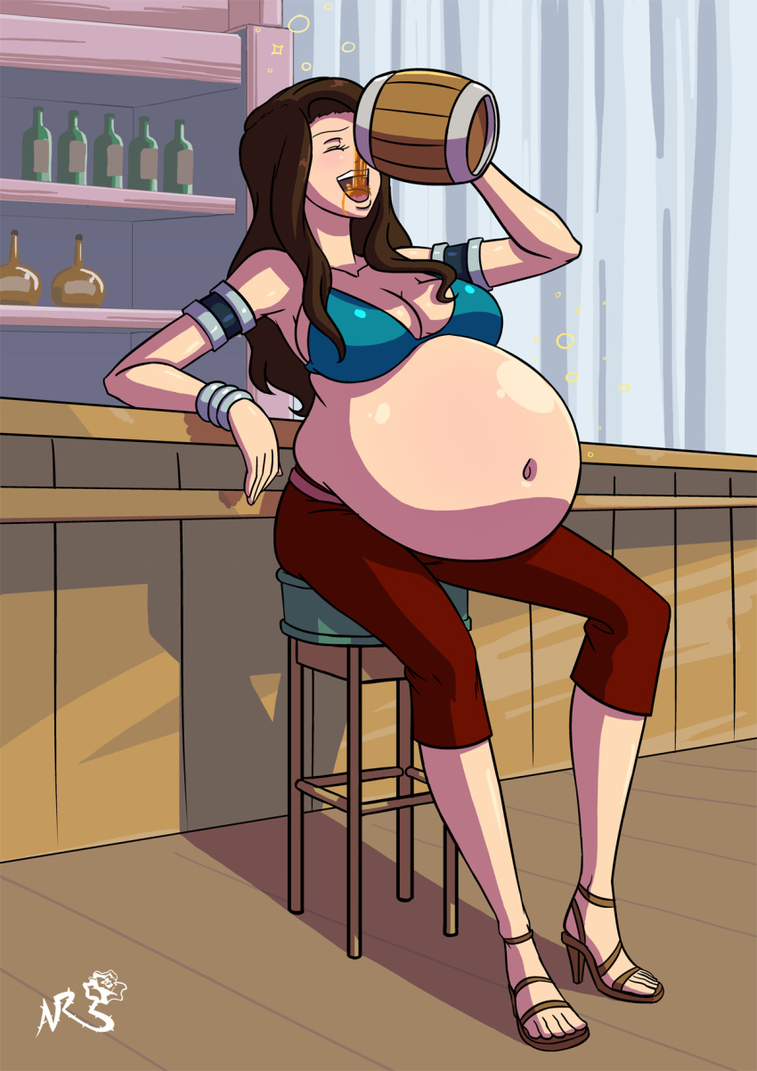 axel-rosered beer beer_belly beer_mug belly belly_button belly_expansion big_belly bikini_top blush brown_hair cana_alberona capri_pants deep_navel drinking drunk fairy_tail open_mouth open_toe_shoes slosh tanned