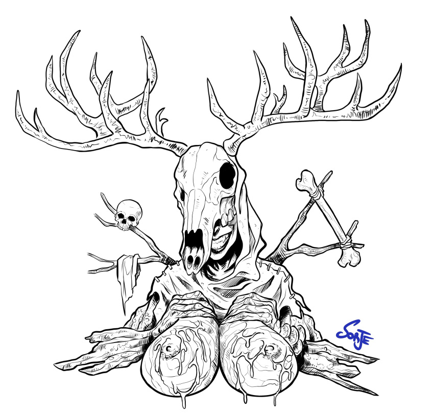 antlers areolae bone cd_projekt_red cloth cum cum_on_breasts hands_on_breasts hood large_breasts leshen line_art monochrome monster_girl nipples skull smile sorje spirit the_witcher_(series) the_witcher_3:_wild_hunt wood