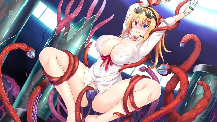 arm_grab cameltoe erect_nipples female girls'_frontline imminent_rape kalina_(girls'_frontline) laboratory large_breasts leg_grab purple_panties restrained ribbon spread_legs sunglasses_on_head tentacle tentacle_under_panties the-sinner white_shirt