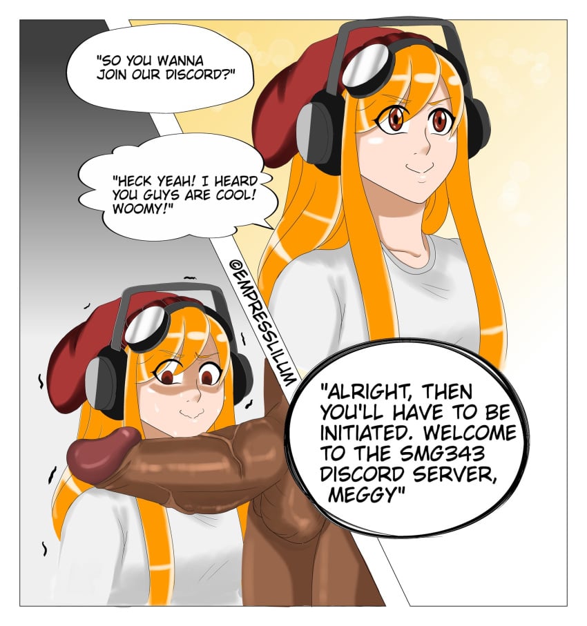 1girls beanie big_penis dark-skinned_male empresslilum female headphones human_meggy meggy_spletzer orange_hair penis smg4 tagme