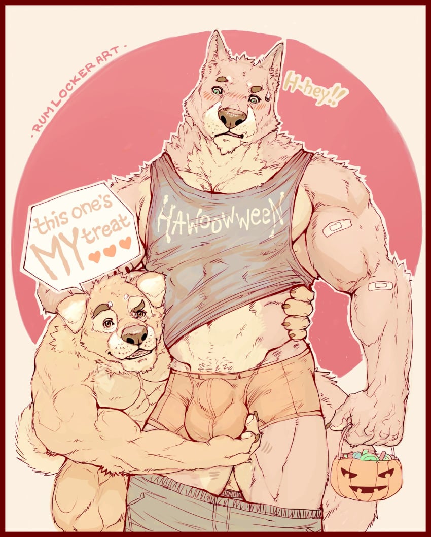 anthro ball_grab balls balls_outline band-aid bandage blush bottomwear briefs bulge candy canid canine canis clothed clothing dialogue domestic_dog duo english_text eyebrows food genital_outline genitals halloween hand_on_side heart hi_res holidays humor jack-o'-lantern looking_at_viewer looking_down male male/male mammal muscular muscular_anthro muscular_male navel nude open_mouth open_smile pants pants_down partially_clothed pockyrumz raised_eyebrow rumlockerart sheath_outline shirt simple_background smile tank_top text text_on_tank_top topwear trick_or_treat underwear