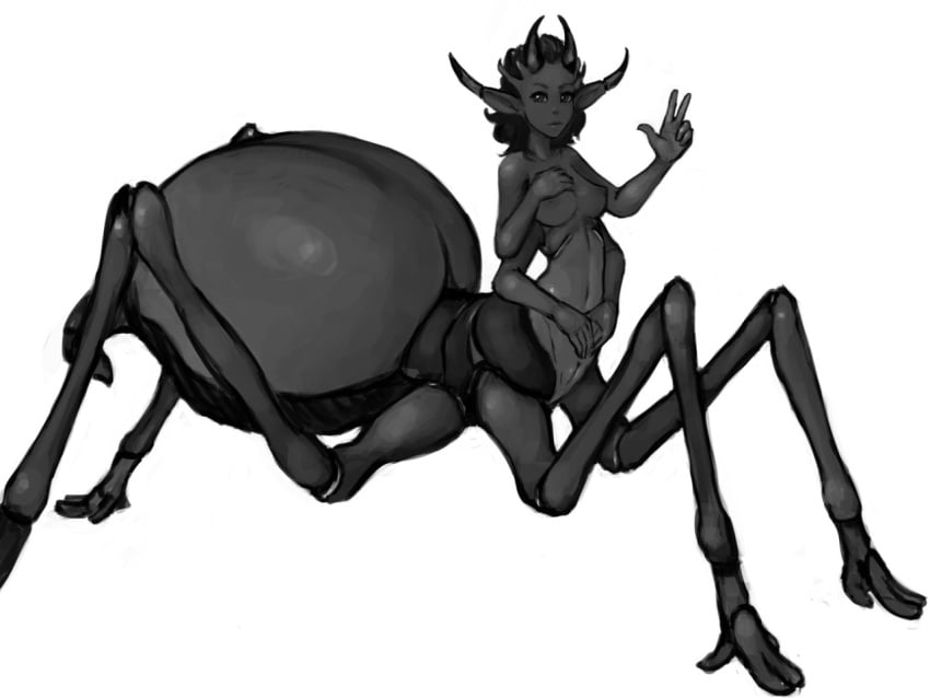 1girls 4:3 4_arms ant arthropod arthropod_abdomen arthropod_taur black_body black_eyes black_hair breasts female female_only genitals gesture hair horn humanoid_pointy_ears hymenopteran insect_girl insect_taur insects looking_at_viewer medium_breasts monochrome monster_girl multi_arm multi_limb nipples non-mammal_breasts nude pussy quadruped ribs simple_background solo spider spider_girl spider_taur syvaron taur