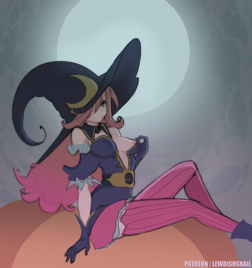 bewitching_miss_fortune big_breasts blue_eyes covered_nipples league_of_legends lewdishsnail miss_fortune nipple_pinch nipple_slip nipple_tweak nipples pumpkin sketch solo solo_female witch witch_hat