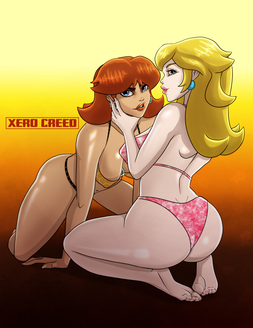 2girls ass back back_view bikini blonde_hair blue_eyes breasts brown_hair choking cleavage feet female female_only full_body hand_on_neck highres looking_at_viewer looking_back mario_(series) multiple_girls nintendo pink_bikini princess_daisy princess_peach simple_background smile smirking soles swimsuit tan_skin thighs toes xerocreed yellow_bikini yuri