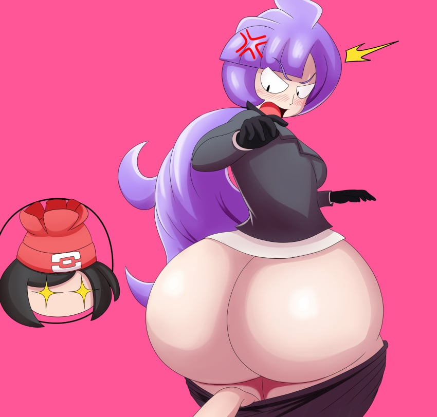 2girls anabel_(pokemon) anabel_(pokemon_sm) angry ass assisted_exposure big_ass black_hair blush bottom_heavy exposed fat_ass female female_pervert gloves hat huge_ass large_ass long_hair massive_ass mechspazer medium_hair nintendo pants_down pants_pull pink_background pokemon pokemon_sm ponytail purple_hair selene_(pokemon) surprised thick_ass