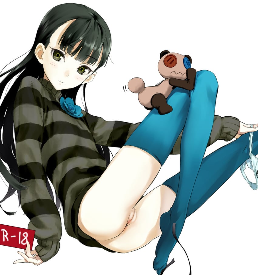 bear black_hair blue_legwear blush bottomless button_eyes eyebrows_visible_through_hair female flower kawakami_rokkaku long_hair looking_at_viewer panties_around_leg panties_removed sasa_kazamori smile striped_shirt un-go wavy_mouth white_background white_panties yellow_eyes