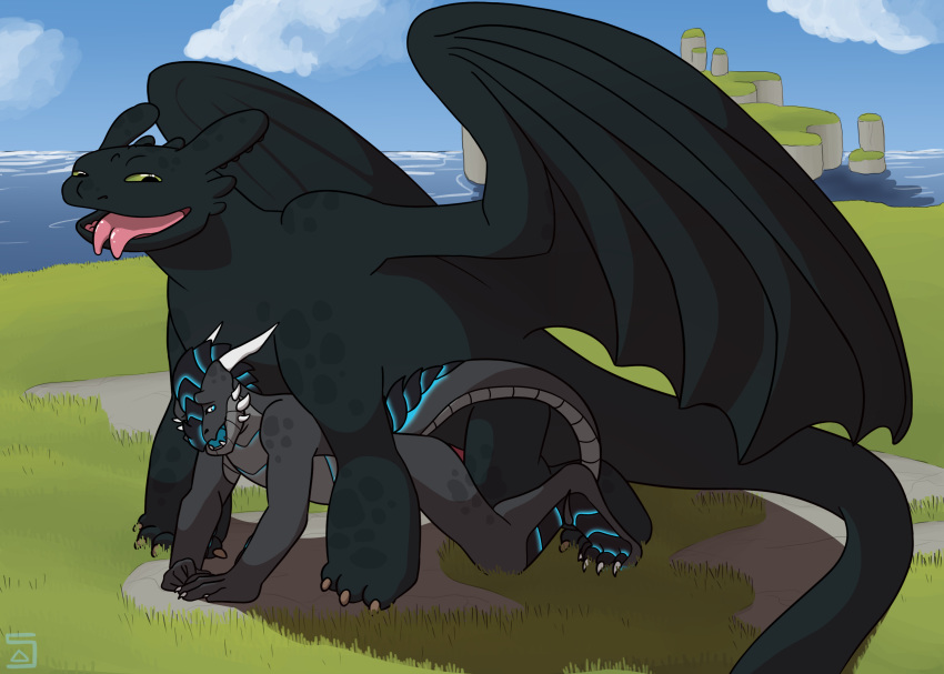 2boys 5bluetriangles all_fours anal anal_penetration anal_sex anthro anthro_on_feral anthro_penetrated ass balls claws dragon dreamworks duo feral feral_penetrating feral_penetrating_anthro from_behind_position gay genitals hi_res horn how_to_train_your_dragon looking_pleasured male male/male male_only male_penetrated male_penetrating male_penetrating_male night_fury penetration penile_penetration penis penis_in_ass scales scalie sex smile tongue tongue_out western_dragon wings yaoi zoophilia