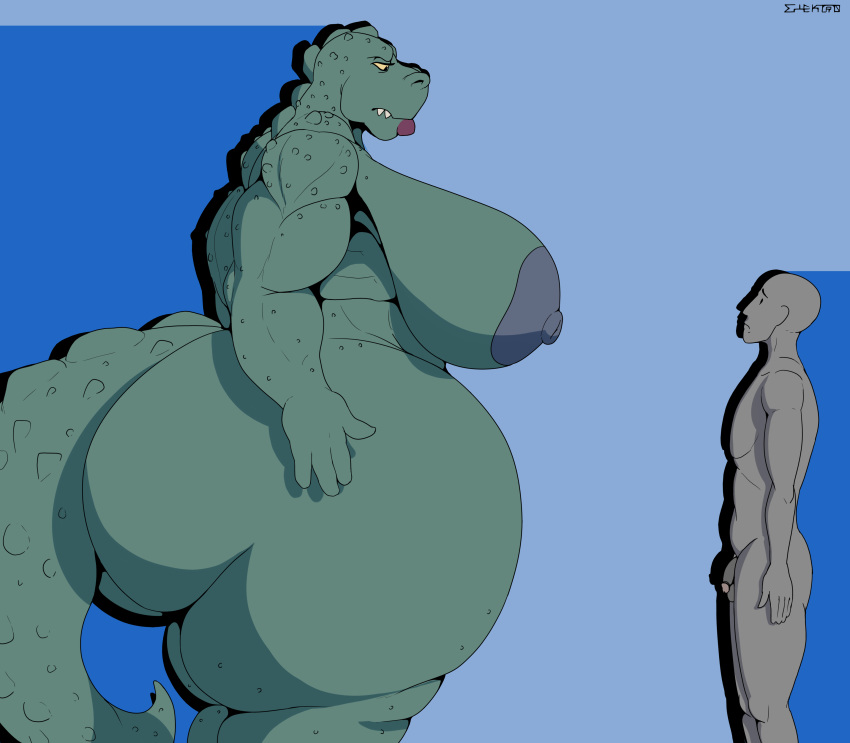 1boy1girl absurd_res anthro big_breasts breasts croclady crocodile crocodilian crocodylid elektr0 female flaccid genitals green_body grey_body hi_res huge_breasts human larger_female male mammal mature_female nipples nude penis reptile scalie size_difference smaller_male thick_thighs